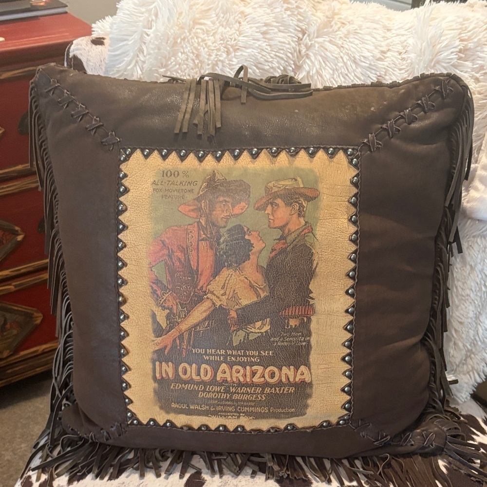 Vintage Western Leather Throw Pillow with Fringe and studs. Like new.